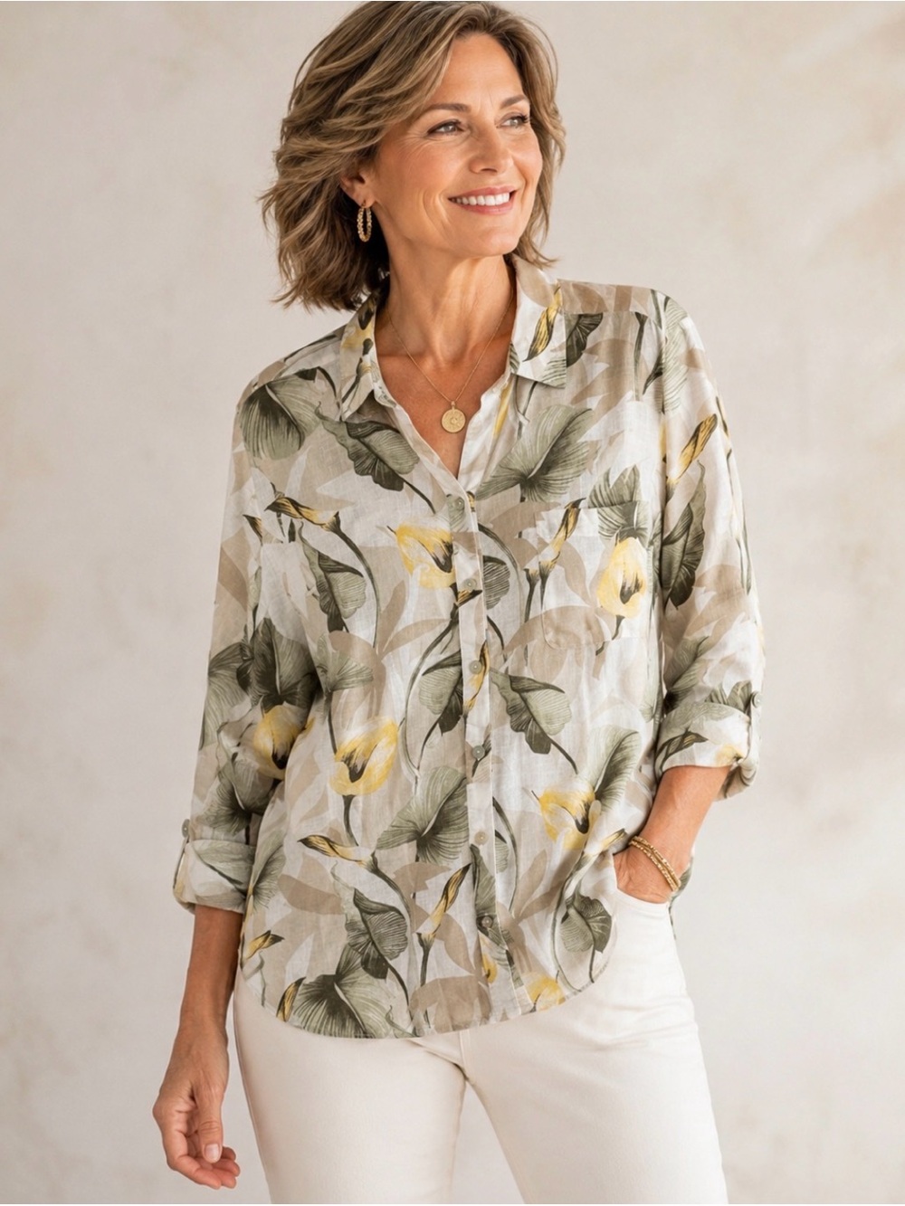 Chico’s Modern Callas Sort Floral Linen Blend Button Down Top Size 3 (16/XL)